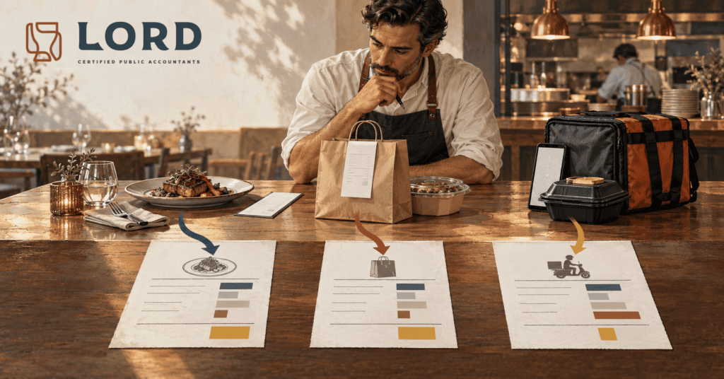Restaurant operator comparing dine-in, direct-order, and third-party delivery contribution worksheets at a restaurant counter.